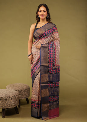 Cream Handloom Tussar Pure Silk Saree With Blouse Piece