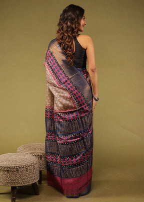 Cream Handloom Tussar Pure Silk Saree With Blouse Piece
