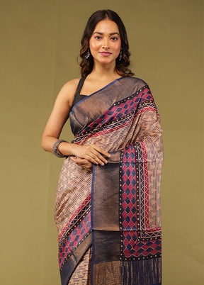 Cream Handloom Tussar Pure Silk Saree With Blouse Piece