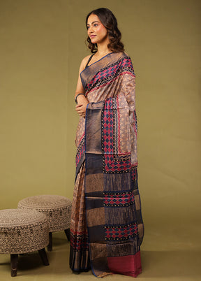 Cream Handloom Tussar Pure Silk Saree With Blouse Piece