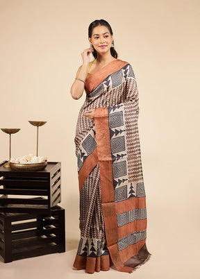 Brown Handloom Tussar Pure Silk Saree With Blouse Piece