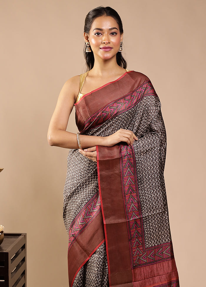Cream Handloom Tussar Pure Silk Saree With Blouse Piece