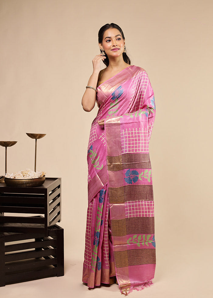 Pink Tussar Silk Saree With Blouse Piece