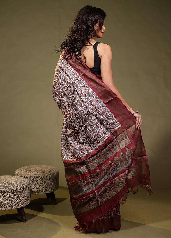 Cream Tussar Silk Saree With Blouse Piece