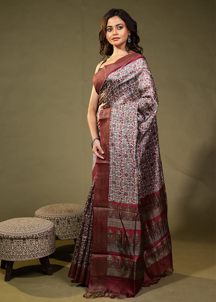 Cream Tussar Silk Saree With Blouse Piece