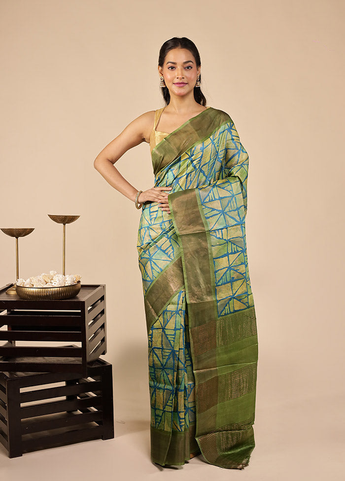 Green Handloom Tussar Pure Silk Saree With Blouse Piece