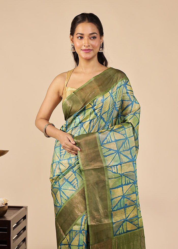 Green Handloom Tussar Pure Silk Saree With Blouse Piece