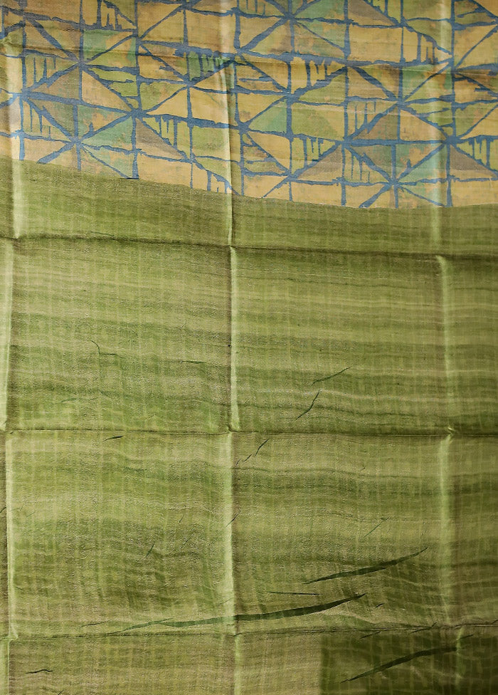 Green Handloom Tussar Pure Silk Saree With Blouse Piece