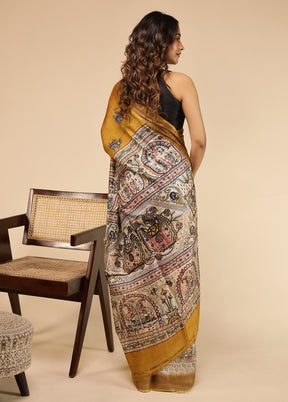 Yellow Handloom Tussar Pure Silk Saree With Blouse Piece