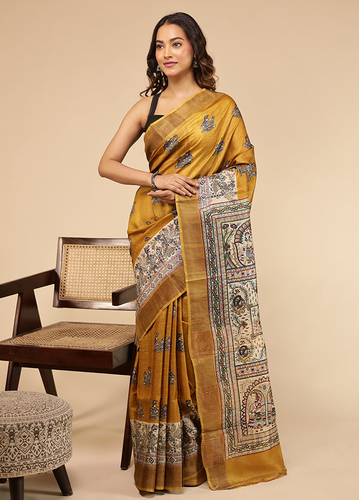 Yellow Handloom Tussar Pure Silk Saree With Blouse Piece
