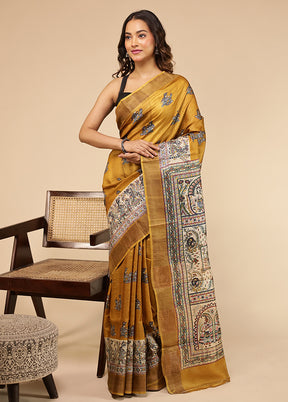 Yellow Handloom Tussar Pure Silk Saree With Blouse Piece