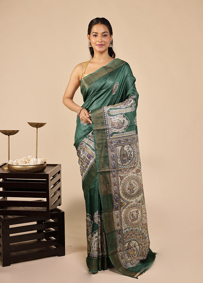 Green Handloom Tussar Pure Silk Saree With Blouse Piece