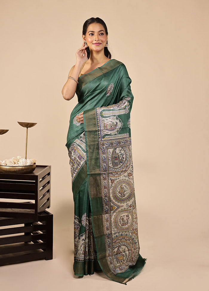 Green Handloom Tussar Pure Silk Saree With Blouse Piece