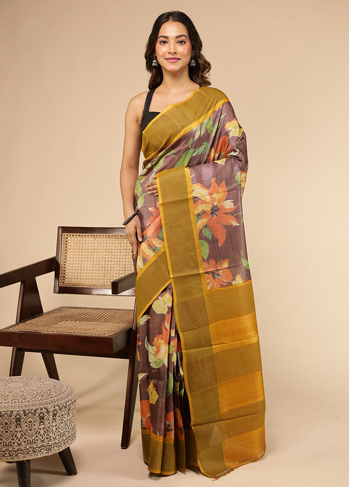Purple Handloom Tussar Pure Silk Saree With Blouse Piece