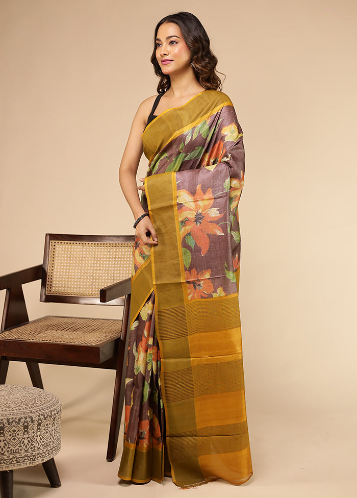 Purple Handloom Tussar Pure Silk Saree With Blouse Piece
