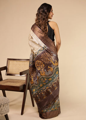 Cream Handloom Tussar Pure Silk Saree With Blouse Piece