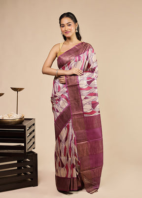 Cream Handloom Tussar Pure Silk Saree With Blouse Piece