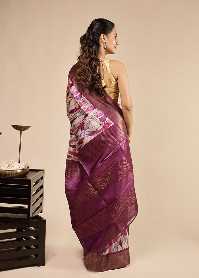 Cream Handloom Tussar Pure Silk Saree With Blouse Piece