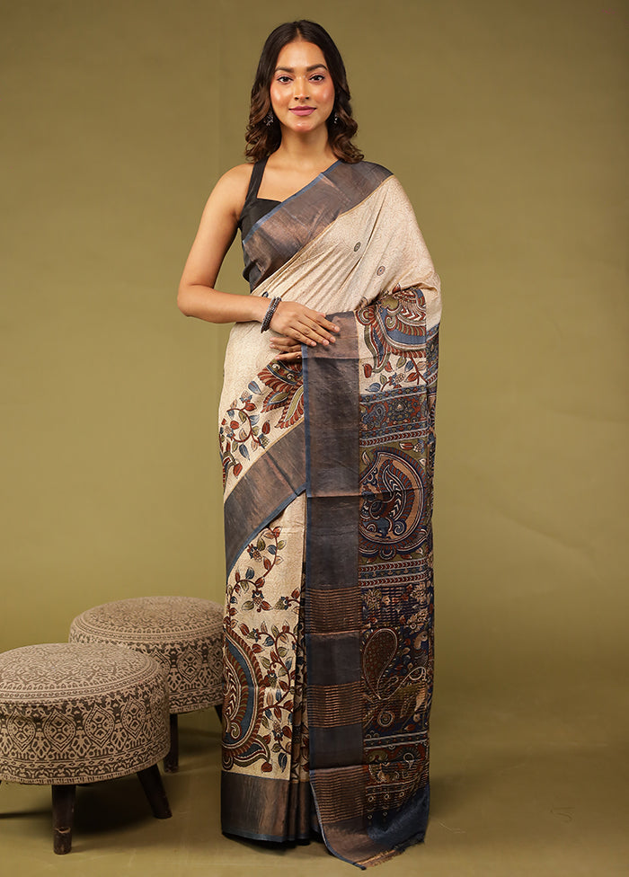 Blue Handloom Tussar Pure Silk Saree With Blouse Piece