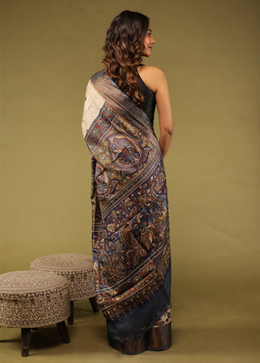 Blue Handloom Tussar Pure Silk Saree With Blouse Piece