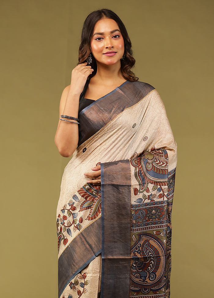 Blue Handloom Tussar Pure Silk Saree With Blouse Piece