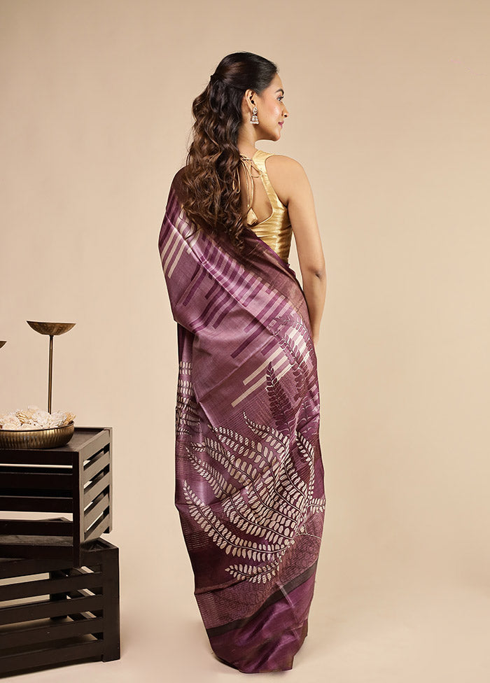 Purple Handloom Tussar Pure Silk Saree With Blouse Piece