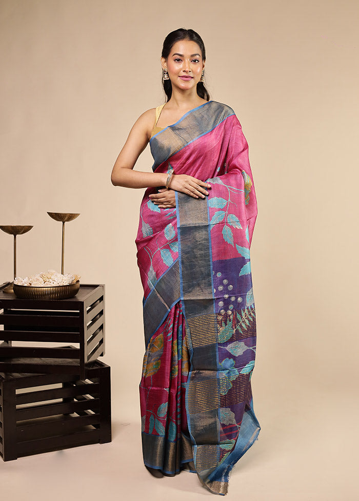 Pink Handloom Tussar Pure Silk Saree With Blouse Piece