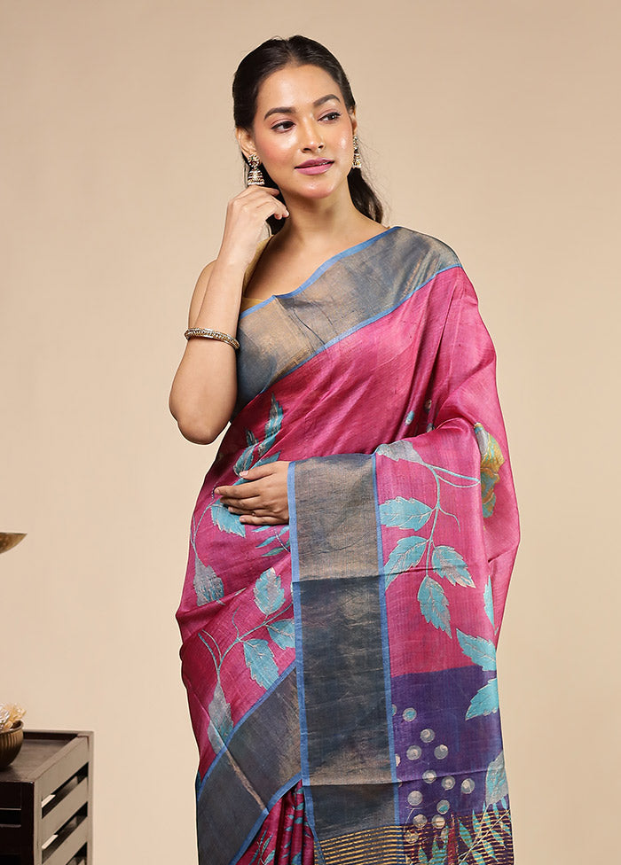 Pink Handloom Tussar Pure Silk Saree With Blouse Piece