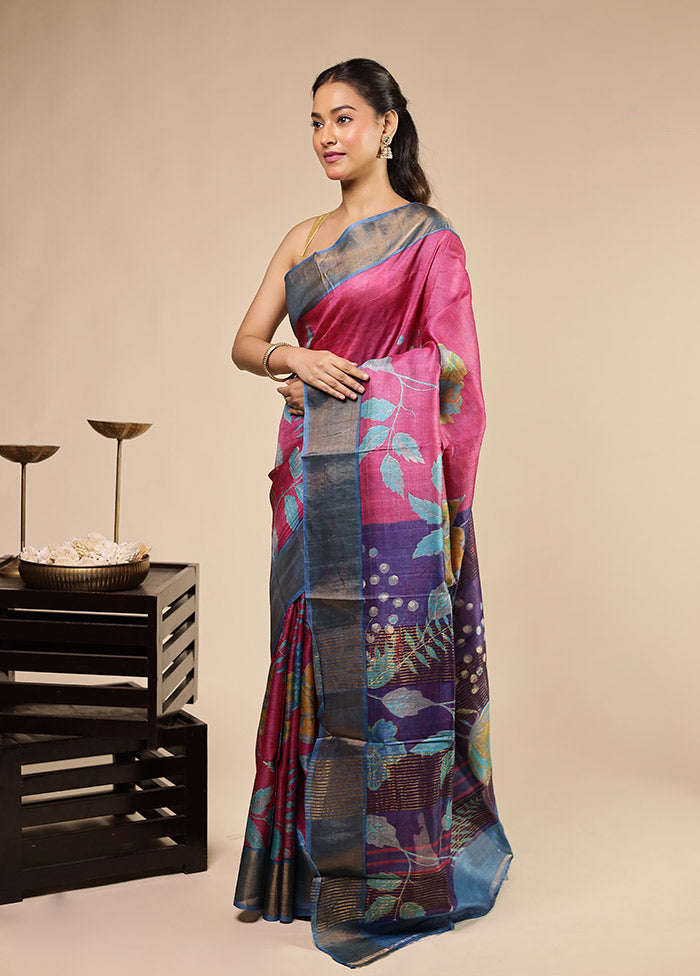 Pink Handloom Tussar Pure Silk Saree With Blouse Piece