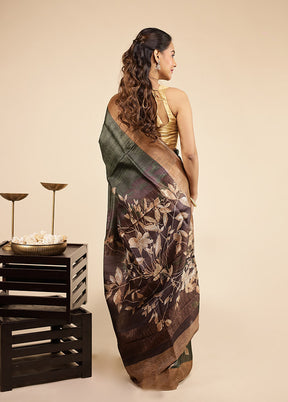 Green Handloom Tussar Pure Silk Saree With Blouse Piece