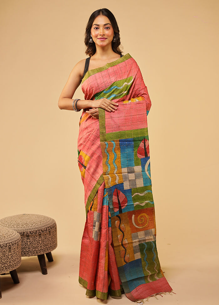 Multicolor Handloom Tussar Pure Silk Saree With Blouse Piece