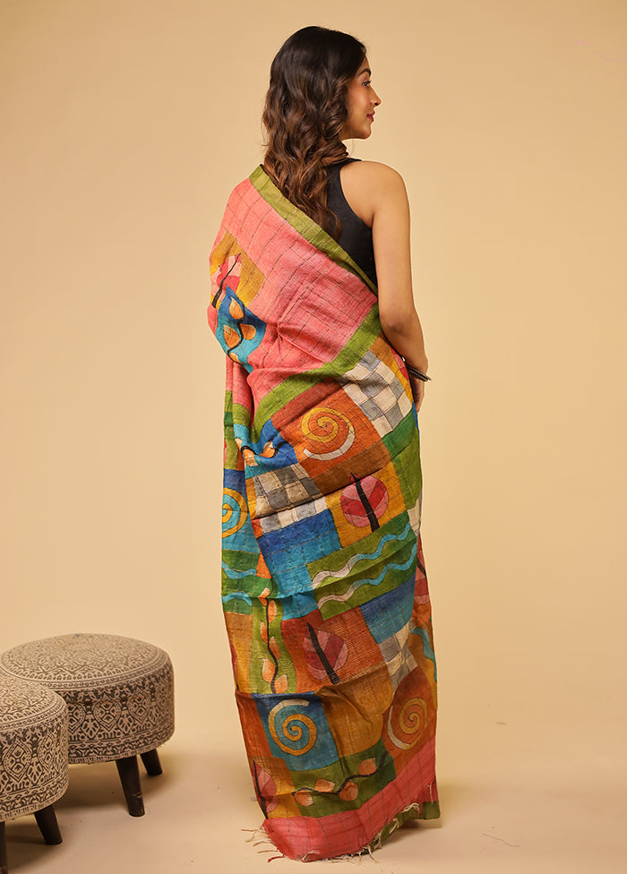 Multicolor Handloom Tussar Pure Silk Saree With Blouse Piece