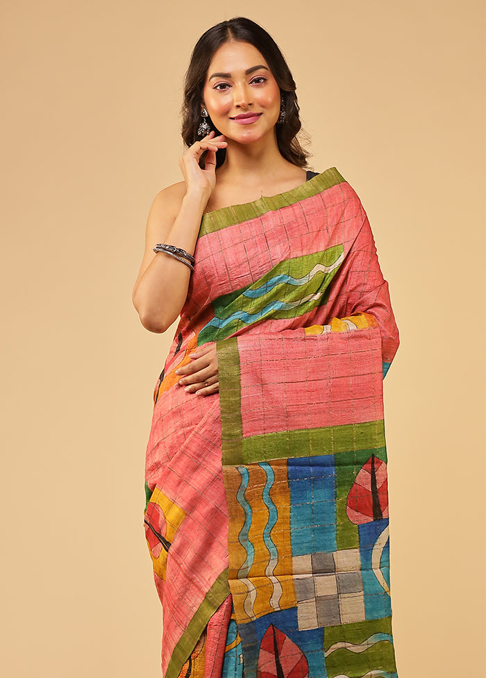 Multicolor Handloom Tussar Pure Silk Saree With Blouse Piece