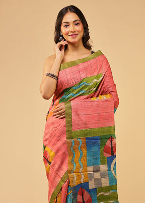 Multicolor Handloom Tussar Pure Silk Saree With Blouse Piece