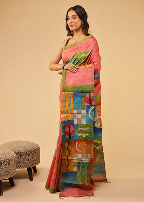 Multicolor Handloom Tussar Pure Silk Saree With Blouse Piece