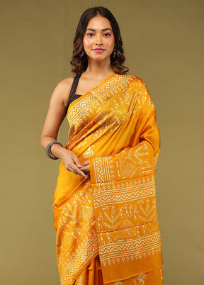 Yellow Printed Pure Silk Saree Without Blouse Piece
