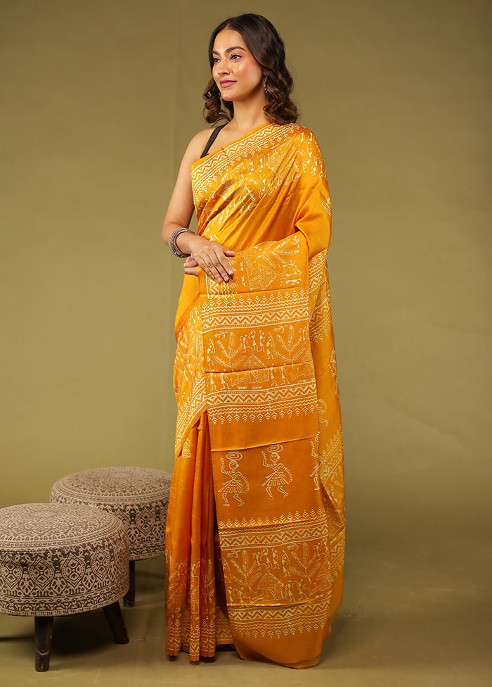 Yellow Printed Pure Silk Saree Without Blouse Piece