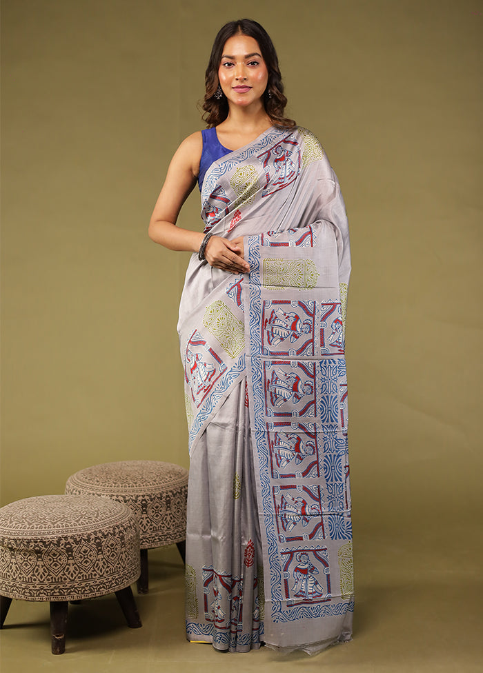 Grey Printed Pure Silk Saree Without Blouse Piece
