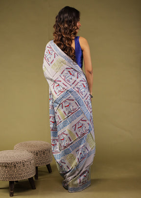 Grey Printed Pure Silk Saree Without Blouse Piece