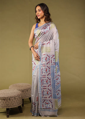 Grey Printed Pure Silk Saree Without Blouse Piece