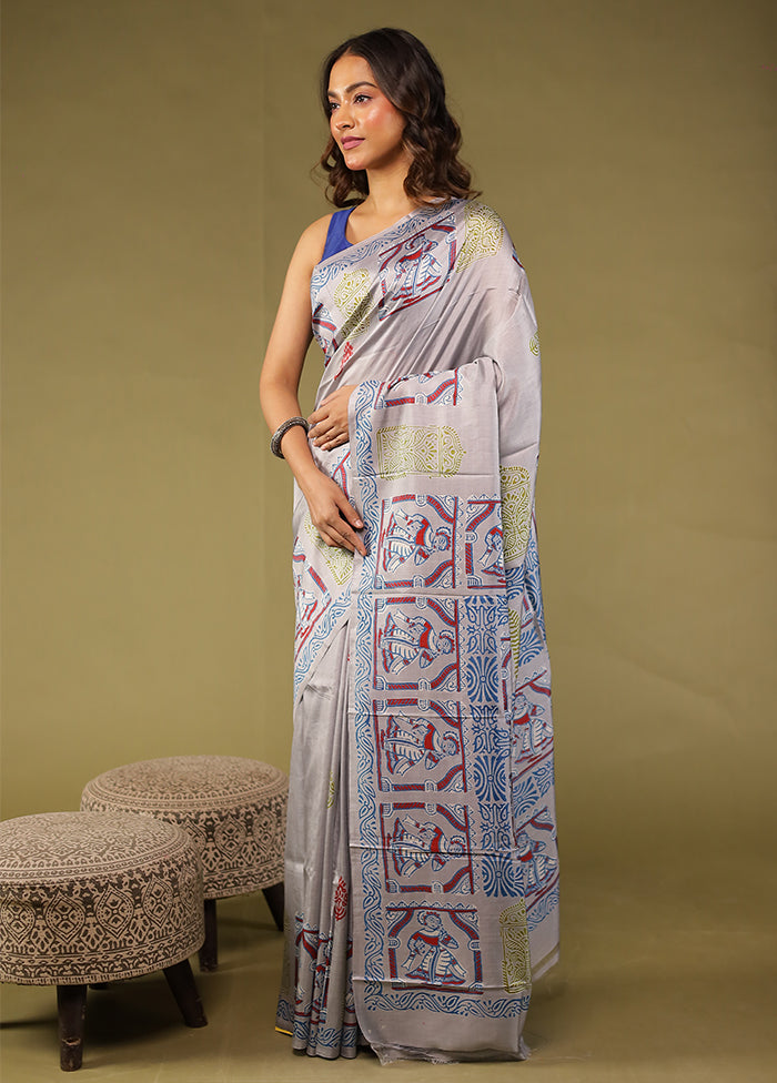Grey Printed Pure Silk Saree Without Blouse Piece