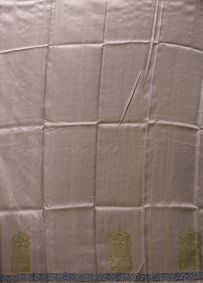 Grey Printed Pure Silk Saree Without Blouse Piece