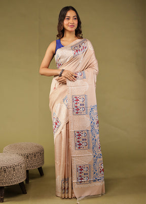 Cream Printed Pure Silk Saree Without Blouse Piece