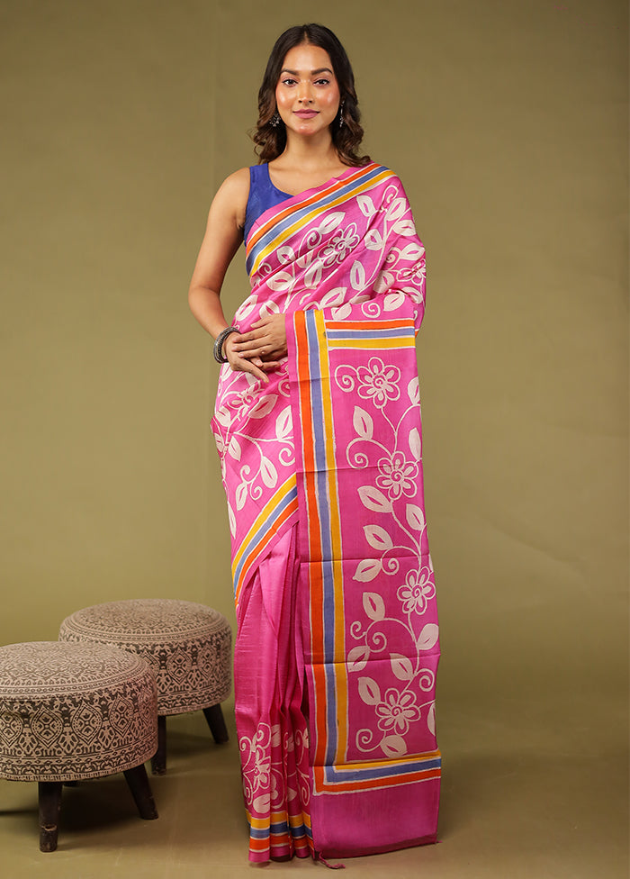 Pink Printed Pure Silk Saree Without Blouse Piece