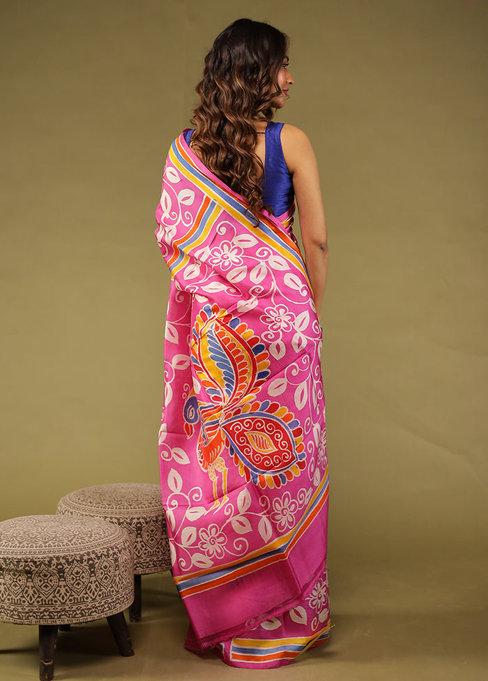 Pink Printed Pure Silk Saree Without Blouse Piece
