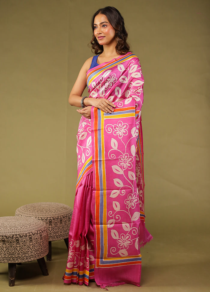 Pink Printed Pure Silk Saree Without Blouse Piece
