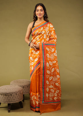 Orange Printed Pure Silk Saree Without Blouse Piece