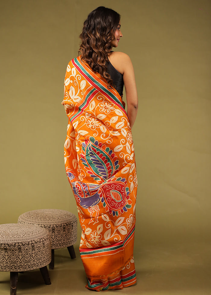 Orange Printed Pure Silk Saree Without Blouse Piece