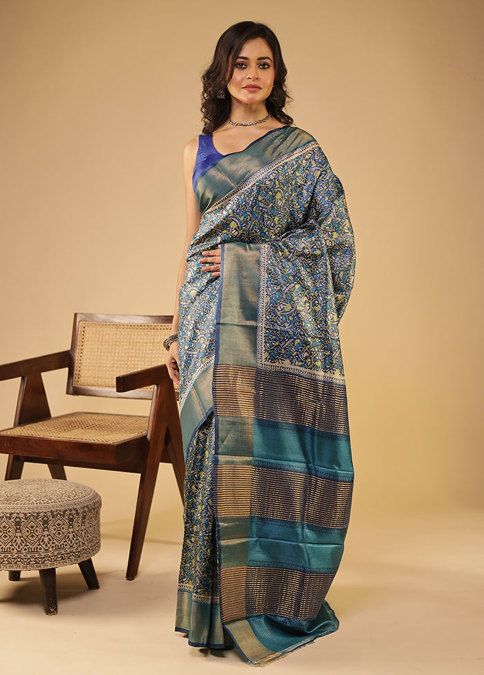 Blue Handloom Tussar Pure Silk Saree With Blouse Piece