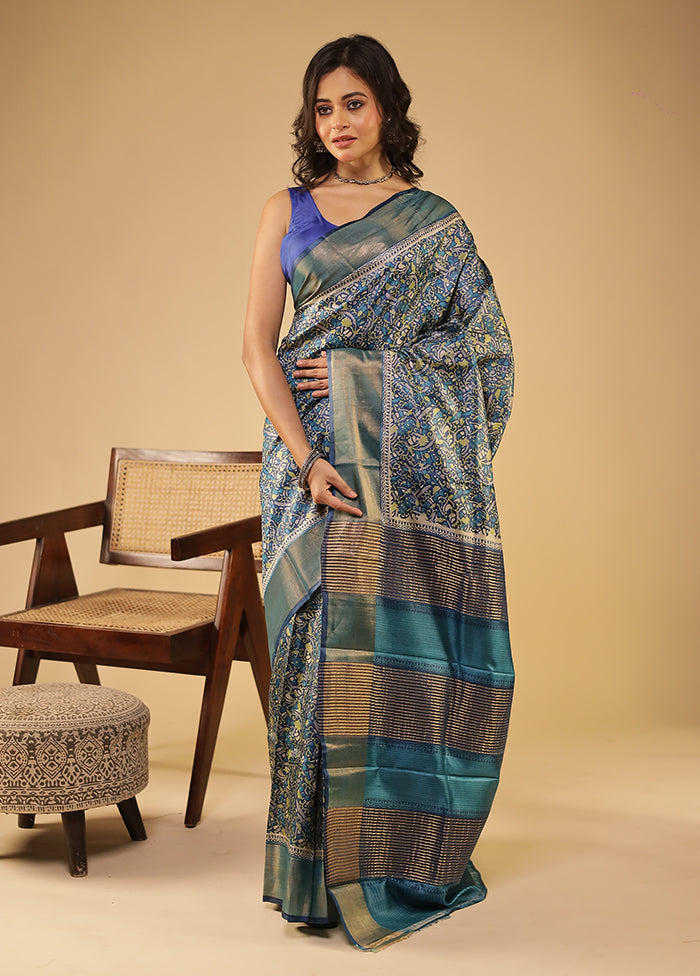 Blue Handloom Tussar Pure Silk Saree With Blouse Piece